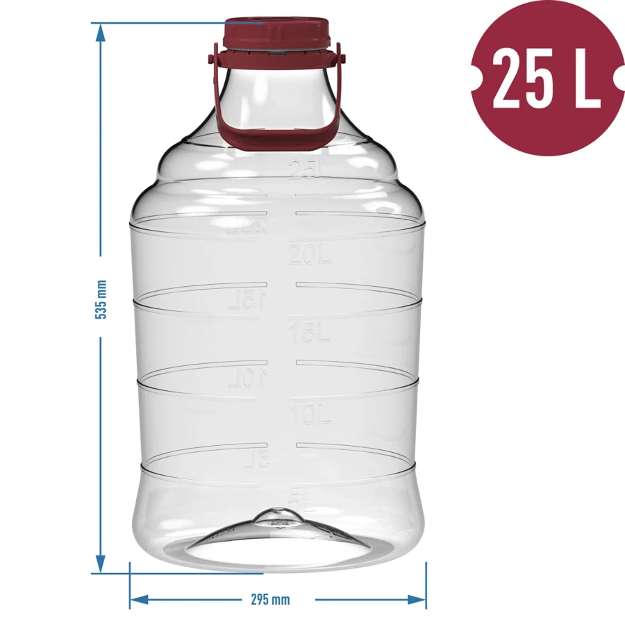 Sarkymaton PET Demijohn kantohihnalla, 25 litraa 2 Särkymätön PET demijohn 25 litraa, kantokahvalla, vesilukolla ja kannella